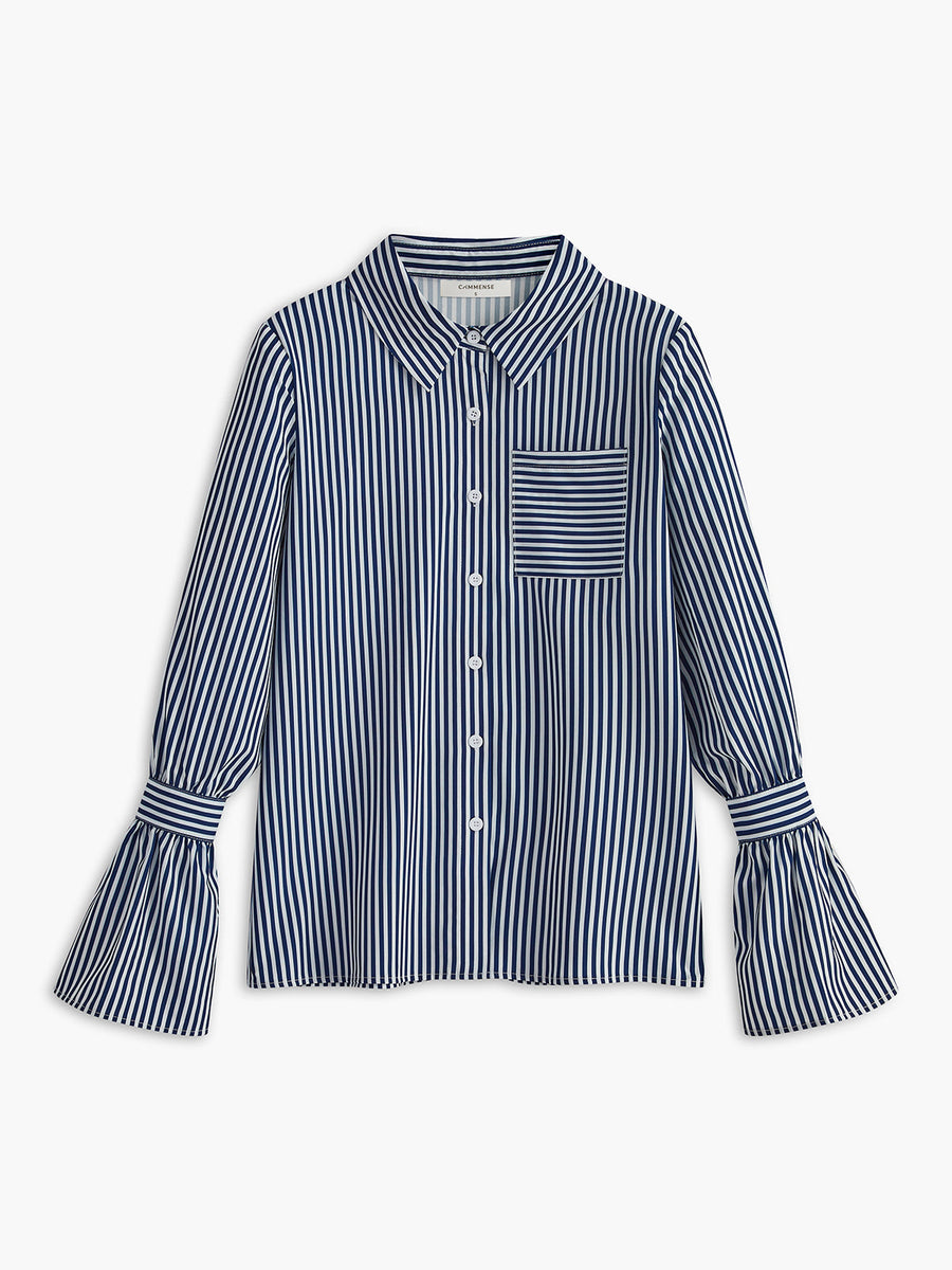 Gestreifte Damenbluse in Navy mit ausgestellten Ärmeln