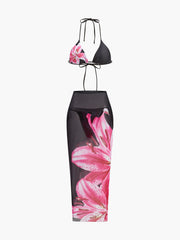 3-teiliges Blumen-Bikini-Set mit Mesh-Rock – Modische Bademode