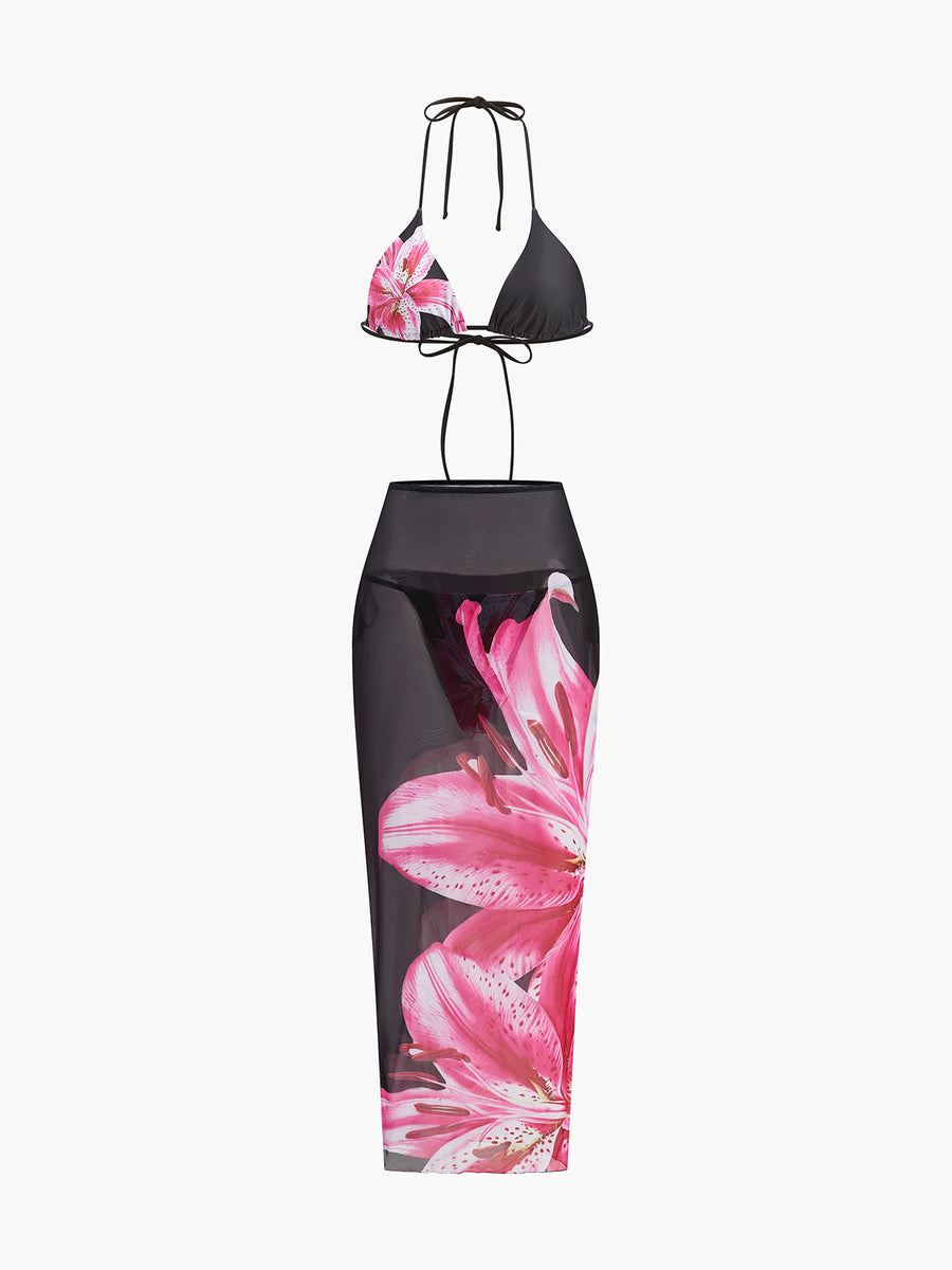 3-teiliges Blumen-Bikini-Set mit Mesh-Rock – Modische Bademode