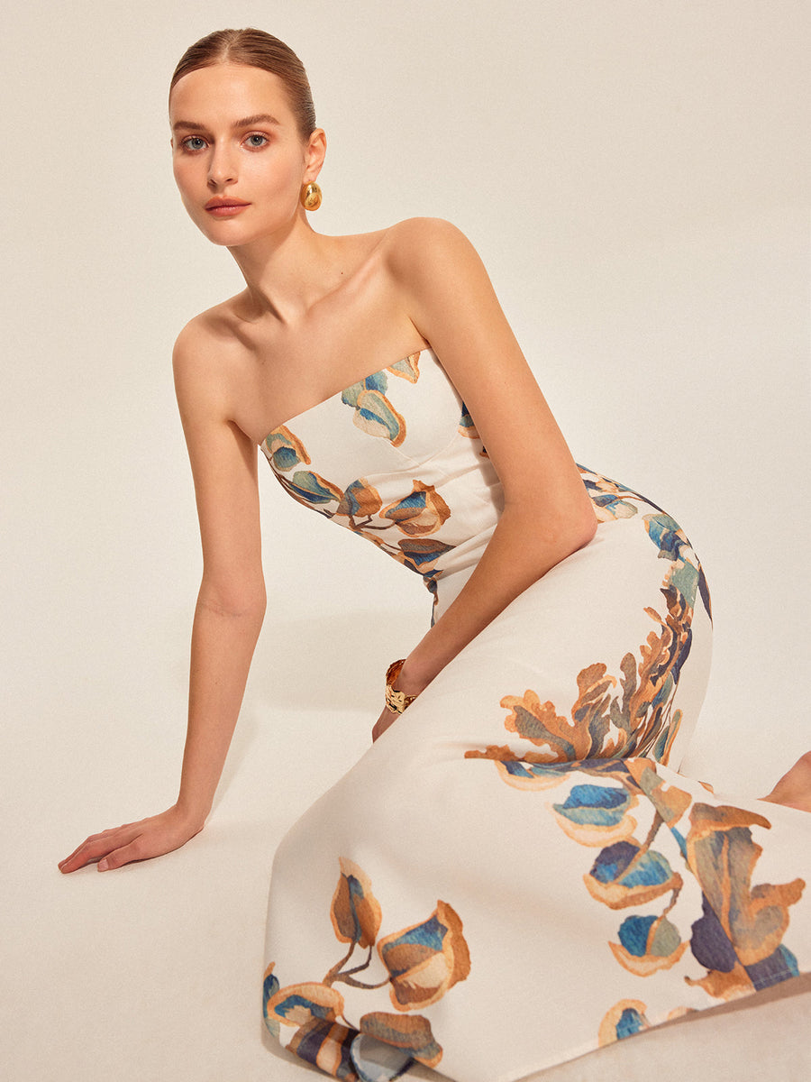 Schulterfreies Maxikleid mit Blumenmuster – Elegantes Sommerkleid