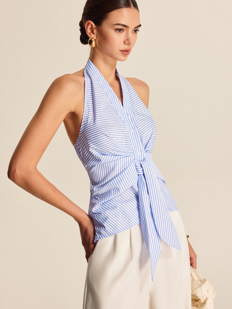 Gestreiftes Neckholder Top Damen – Sommer Crop Top mit V-Ausschnitt