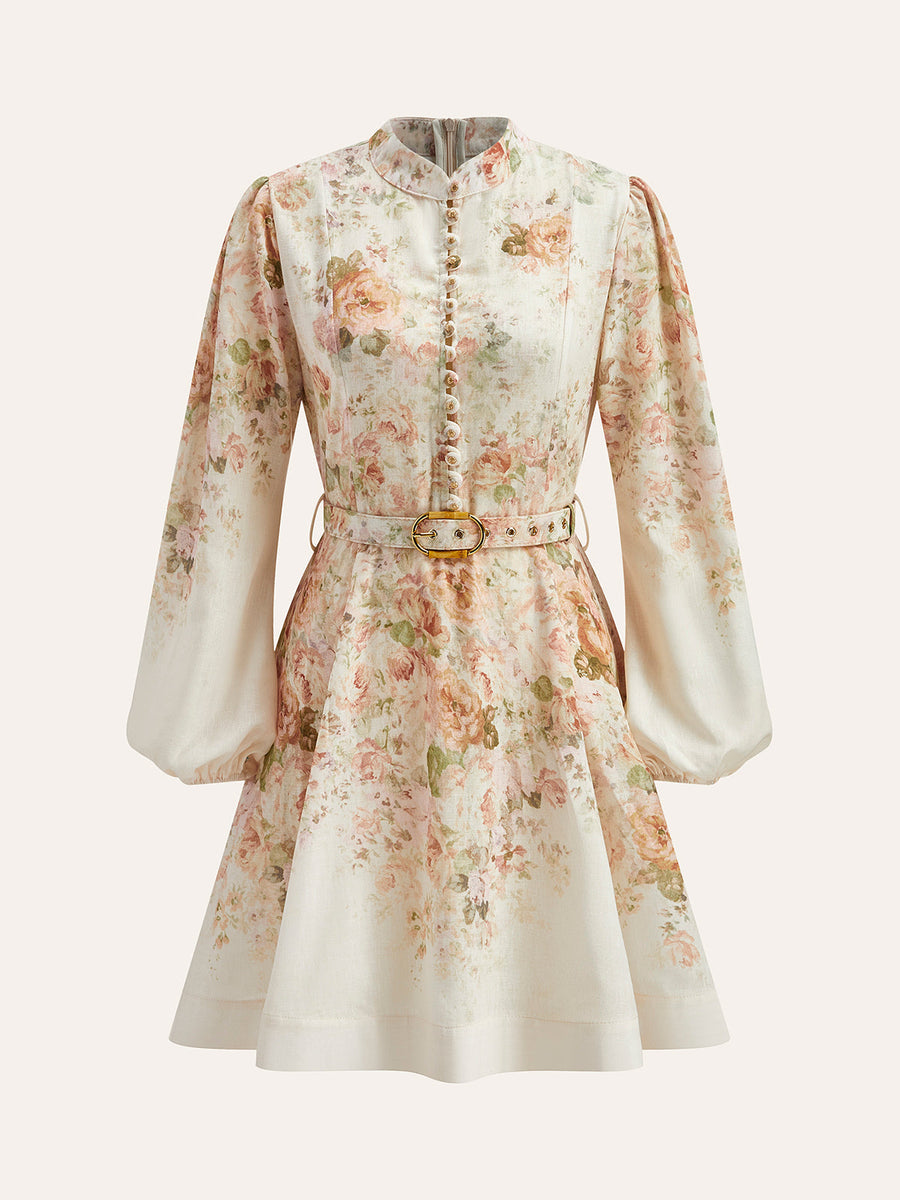 Leinen-Kleid mit Puffärmeln & Blumenmuster