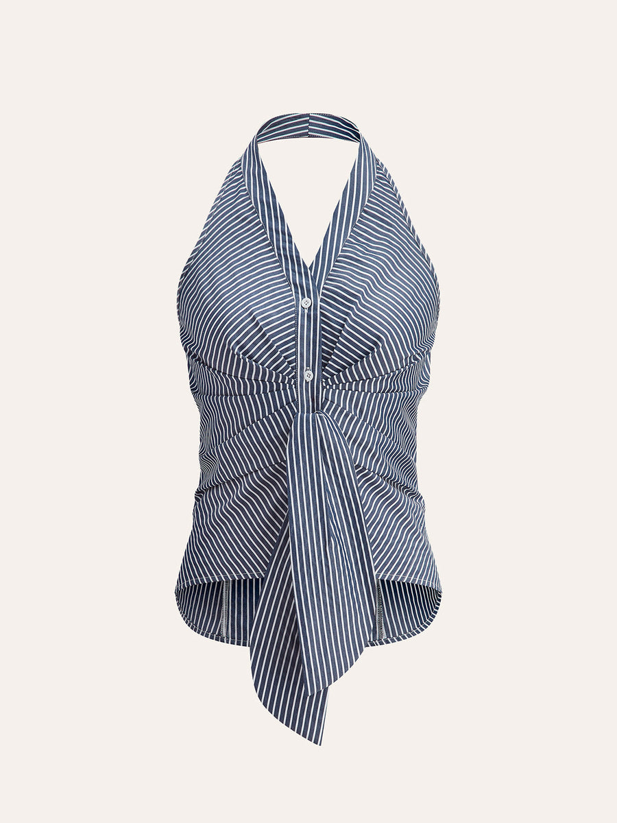 Gestreiftes Neckholder Top Damen – Sommer Crop Top mit V-Ausschnitt