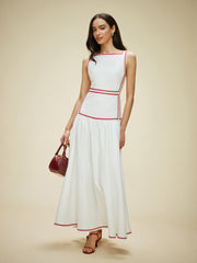 Damen Maxikleid aus Baumwolle mit Kontrastbesatz & Rückenschleife