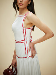 Damen Maxikleid aus Baumwolle mit Kontrastbesatz & Rückenschleife