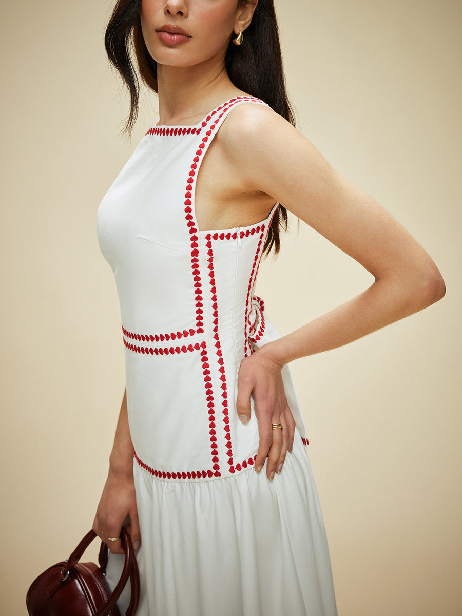 Damen Maxikleid aus Baumwolle mit Kontrastbesatz & Rückenschleife