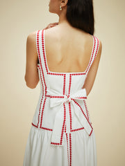 Damen Maxikleid aus Baumwolle mit Kontrastbesatz & Rückenschleife
