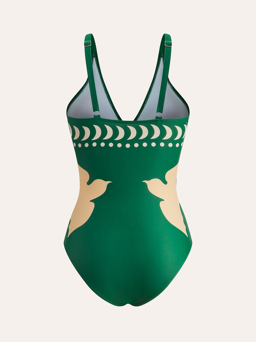 Eleganter Einteiler Badeanzug mit Vogelmuster & schmeichelnden Cutouts – High Waist Bademode