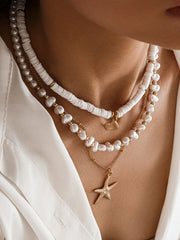 Mehrlagige Perlen- & Muschelkette mit Seestern-Anhänger – Strand-Schmuck