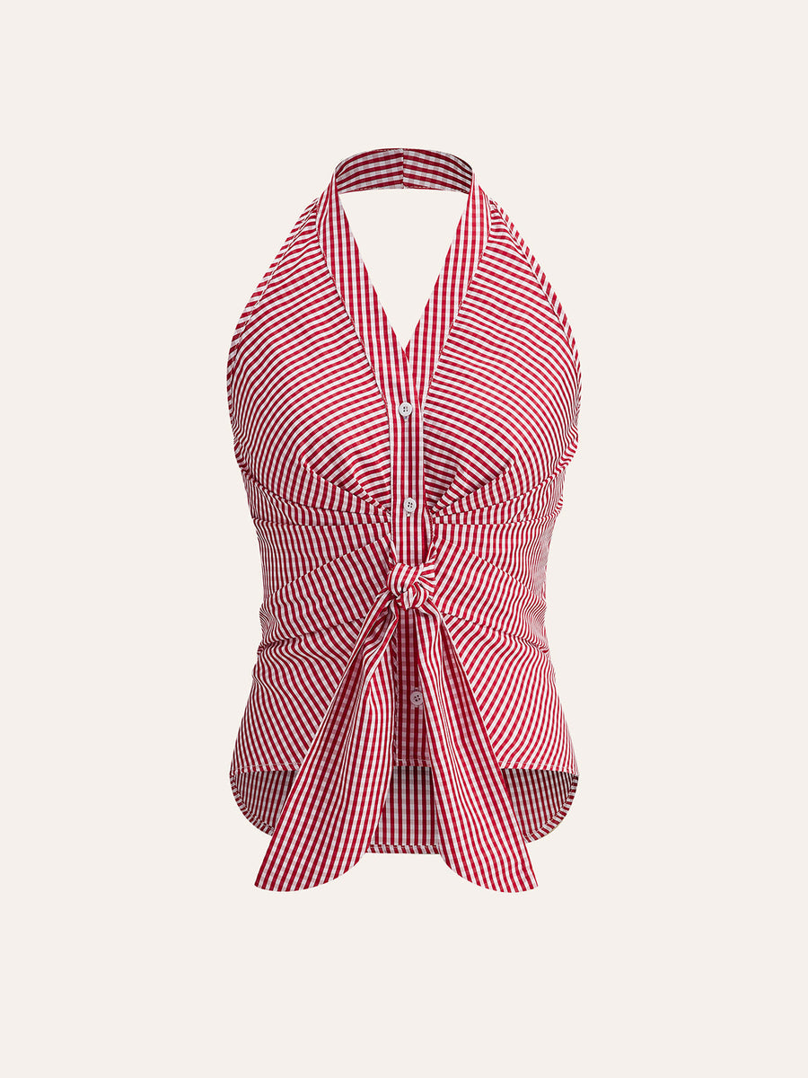 Gestreiftes Neckholder Top Damen – Sommer Crop Top mit V-Ausschnitt