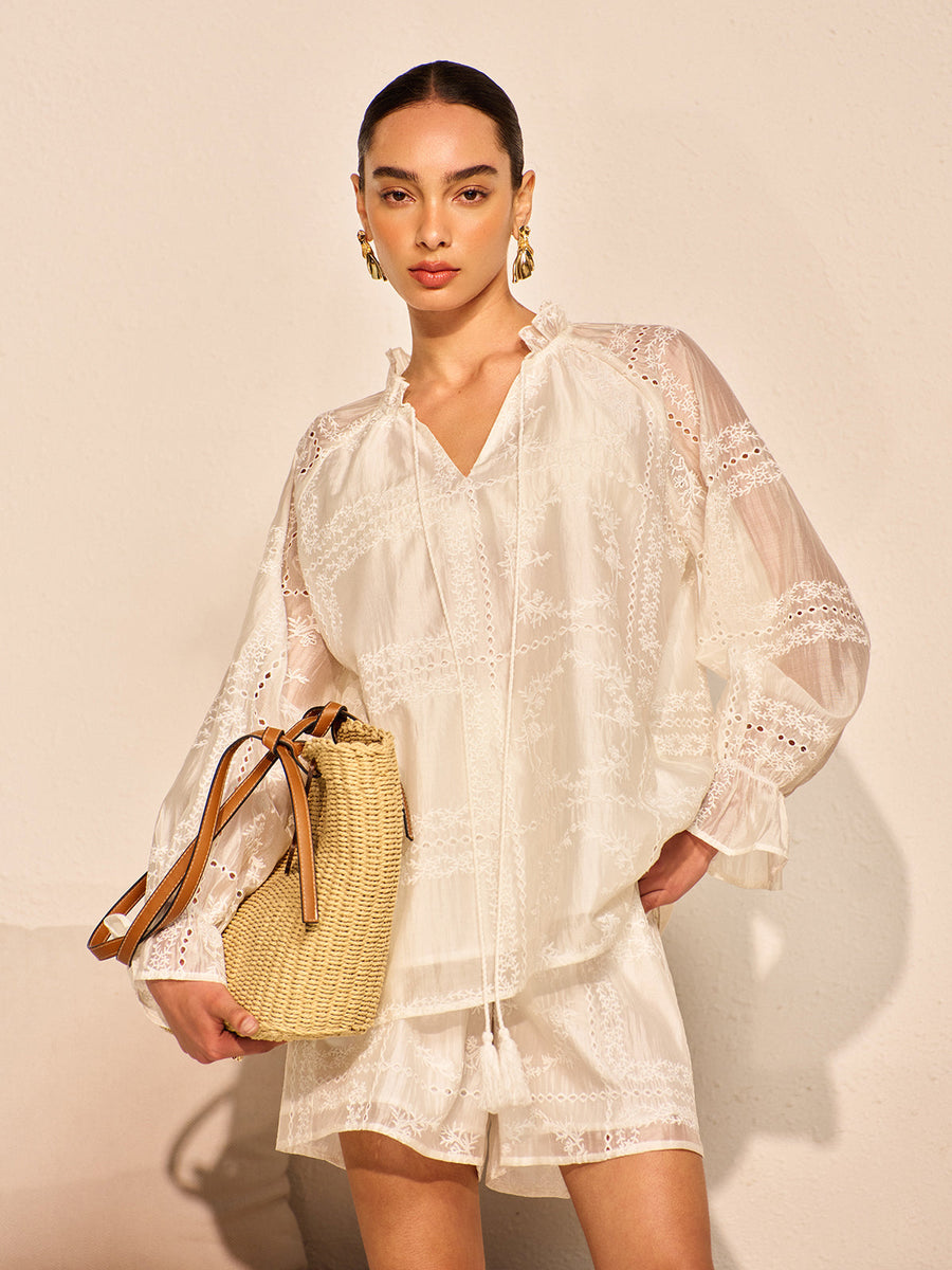 Zweiteiliges Damen-Set mit Stickerei – Oversize Bluse & Shorts
