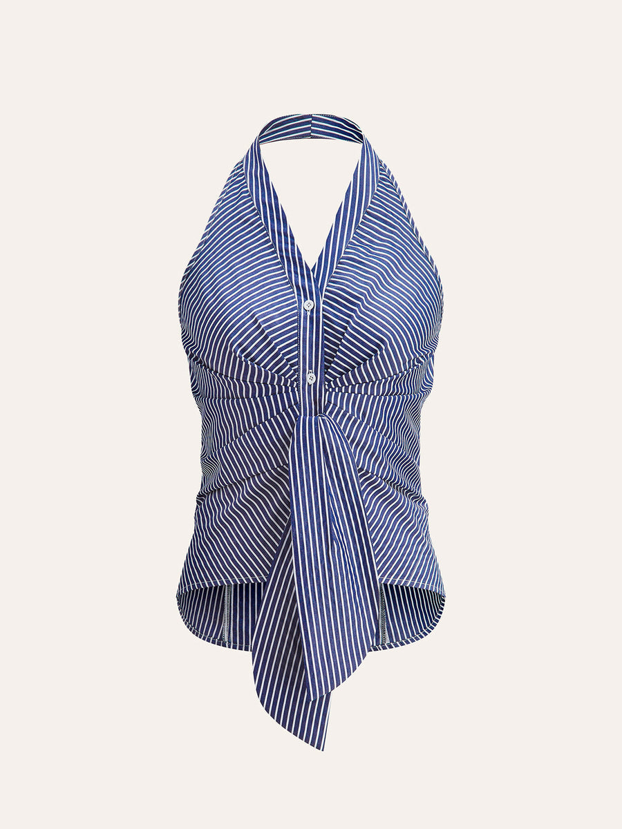 Gestreiftes Neckholder Top Damen – Sommer Crop Top mit V-Ausschnitt