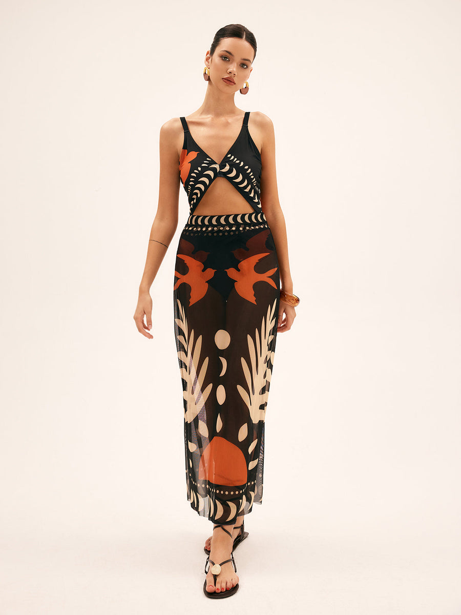 Maxi Mesh Rock mit Vogelprint – Leichtes Strand-Cover-Up