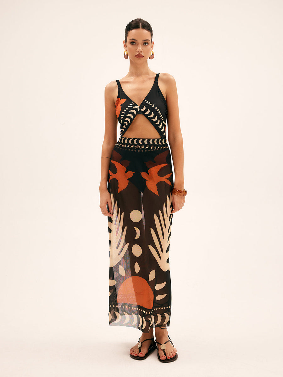 Maxi Mesh Rock mit Vogelprint – Leichtes Strand-Cover-Up