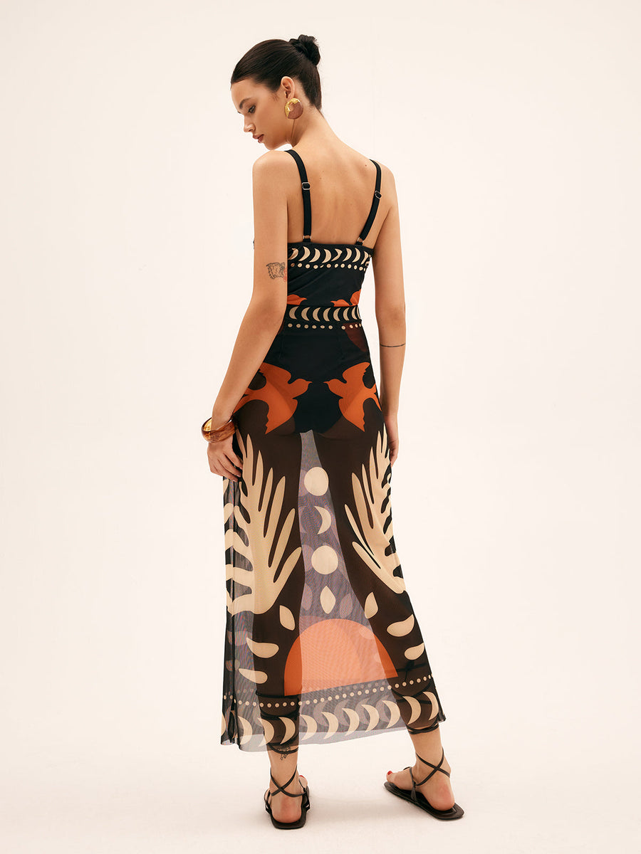 Maxi Mesh Rock mit Vogelprint – Leichtes Strand-Cover-Up