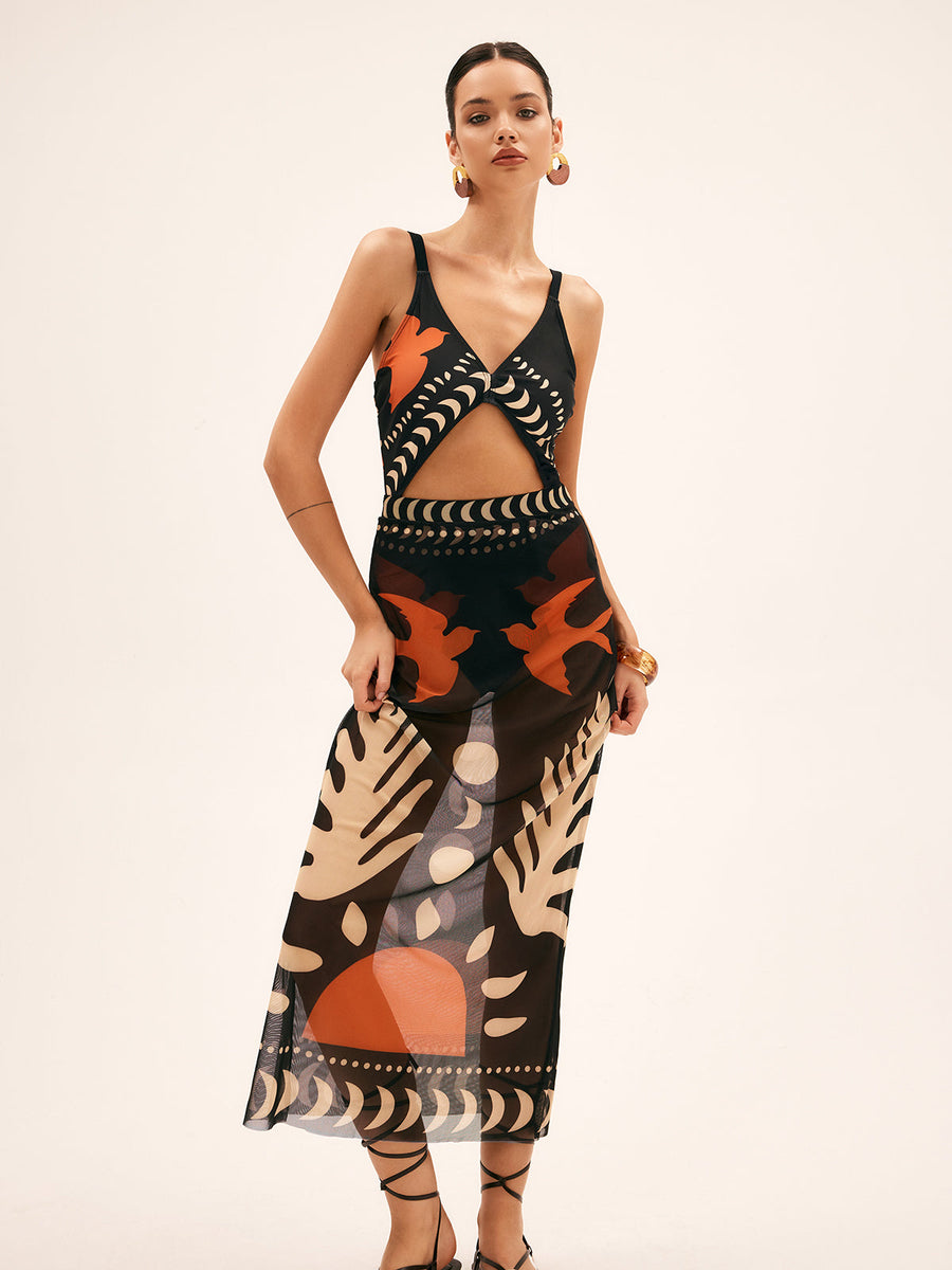 Maxi Mesh Rock mit Vogelprint – Leichtes Strand-Cover-Up