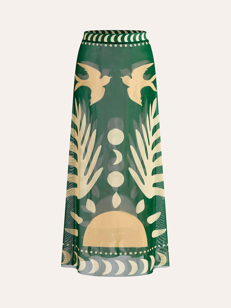 Maxi Mesh Rock mit Vogelprint – Leichtes Strand-Cover-Up