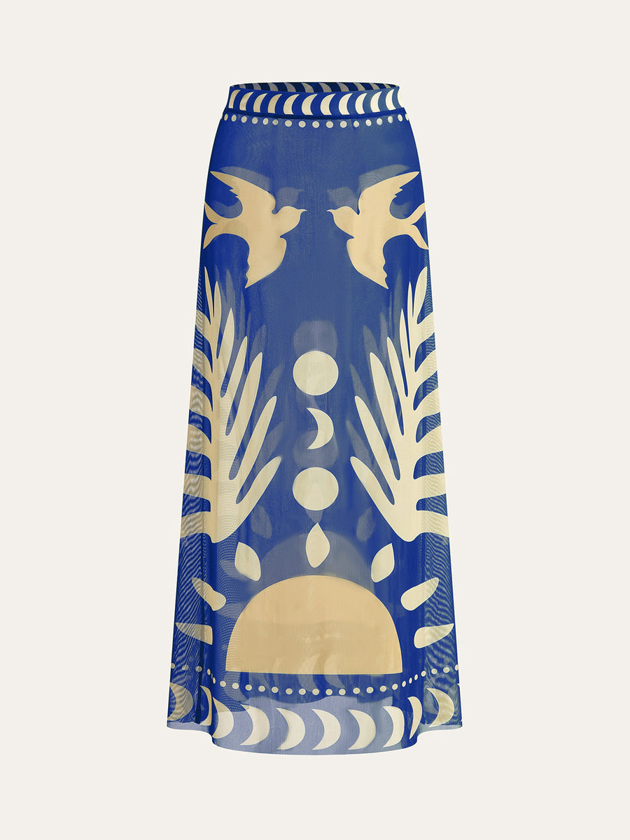 Maxi Mesh Rock mit Vogelprint – Leichtes Strand-Cover-Up
