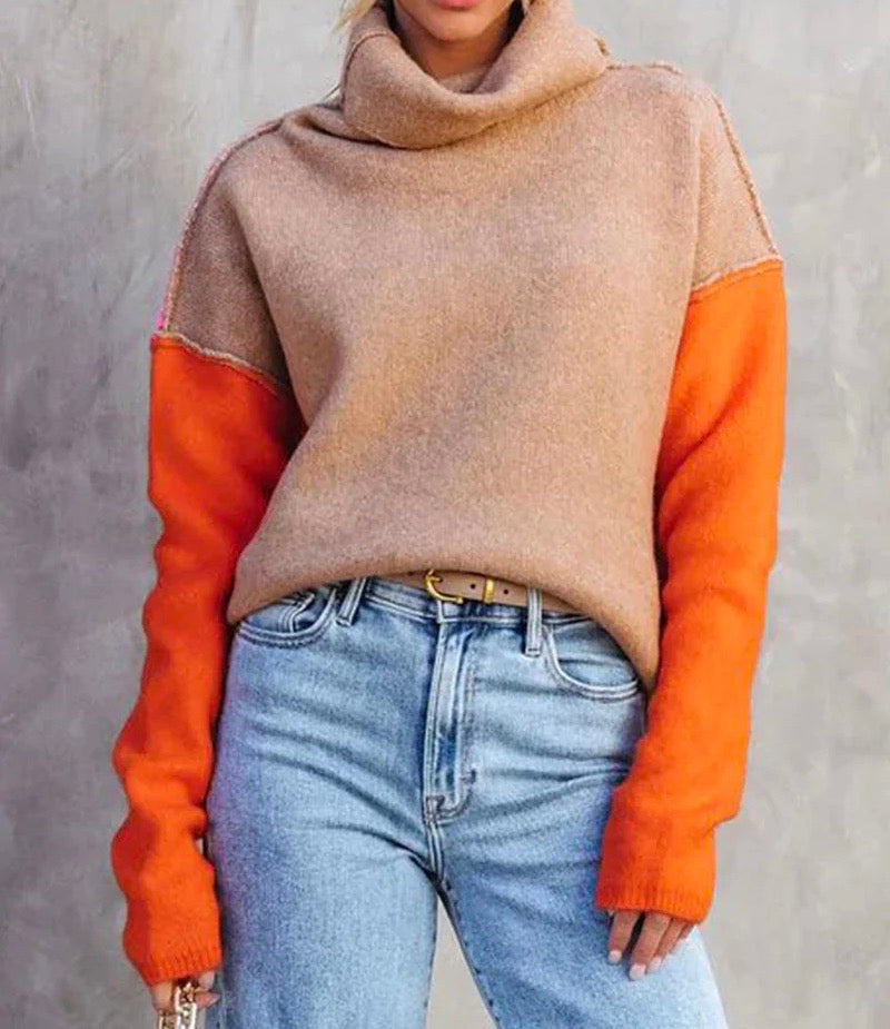 Damen Farbblock Rollkragenpullover | Gemütlich