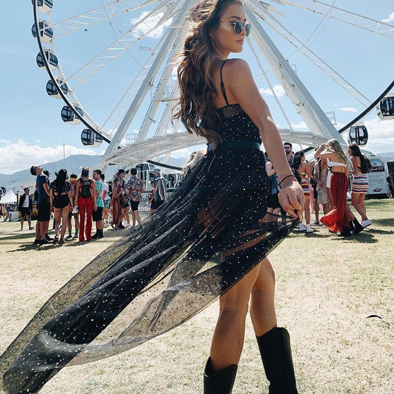 Heidi-Mode | Stern Schwarz Netz Transparent Ärmelloses Maxi Kleid