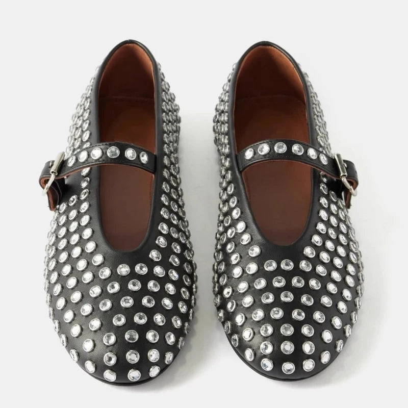 Ballerinas Damen Leder Kristallverziert mit Riemen