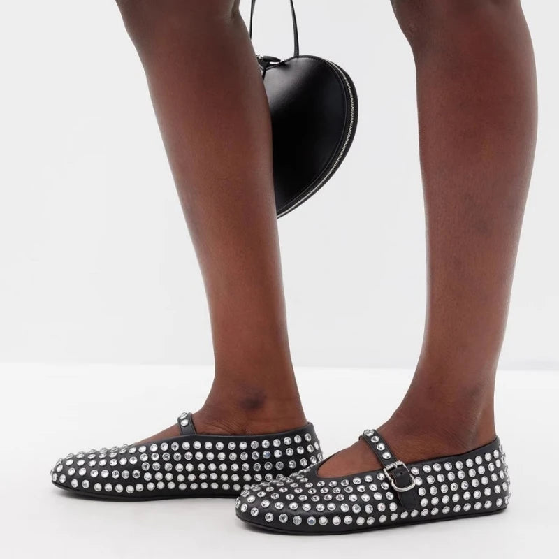 Ballerinas Damen Leder Kristallverziert mit Riemen