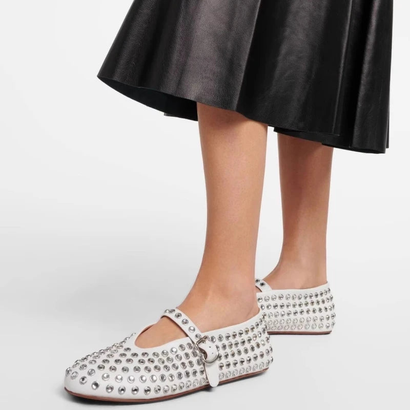 Ballerinas Damen Leder Kristallverziert mit Riemen