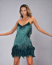Festliches Federn-Minikleid mit Glitzer & Taillengürtel – Partykleid