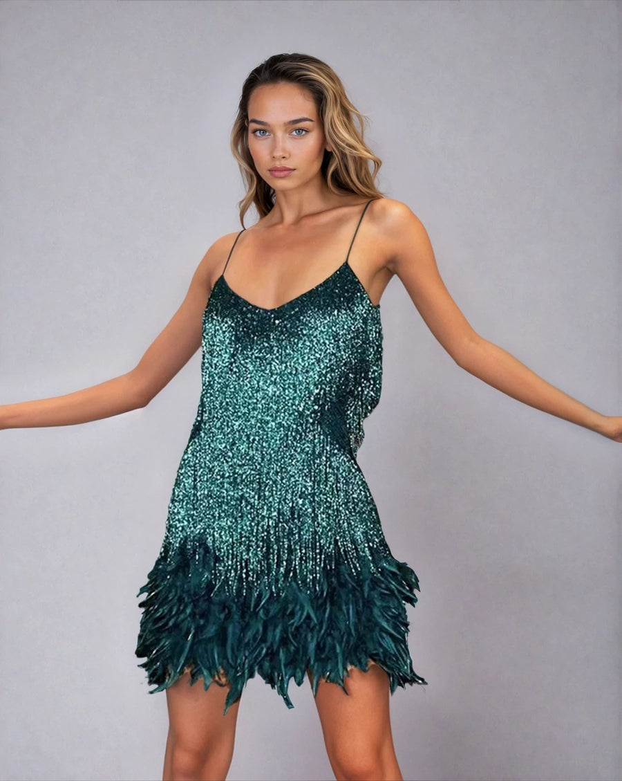 Festliches Federn-Minikleid mit Glitzer & Taillengürtel – Partykleid