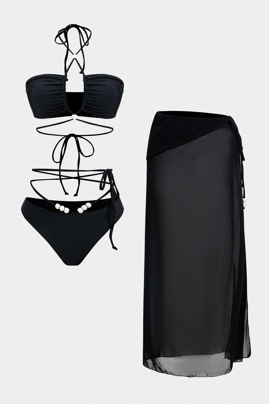 Meredith | Dreiteiliges Bikini-Set mit Wickelband-Design, Perlen-Details und transparentem Pareo