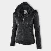 Damen Biker-Jacke aus Kunstleder – Stylische Jacke mit Kapuze und Reißverschlüssen, ideal für Herbst und Frühjahr