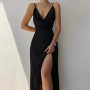 Damen Satinkleid mit Schlitz – Elegantes ärmelloses Abendkleid
