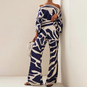 Elegantes Damen Zweiteiliges Satin-Set – Off-Shoulder Top & Weite Hose