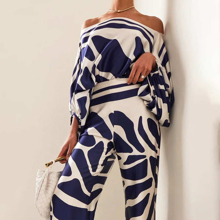 Elegantes Damen Zweiteiliges Satin-Set – Off-Shoulder Top & Weite Hose