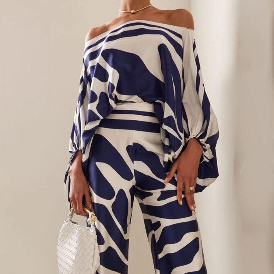 Elegantes Damen Zweiteiliges Satin-Set – Off-Shoulder Top & Weite Hose