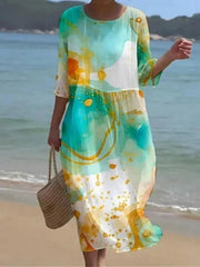 Blumenkleid Damen | Fließendes Midi mit Rosenprint & 3/4-Ärmeln