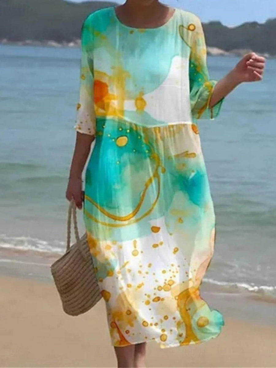 Blumenkleid Damen | Fließendes Midi mit Rosenprint & 3/4-Ärmeln