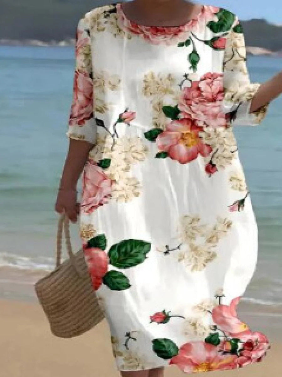 Blumenkleid Damen | Fließendes Midi mit Rosenprint & 3/4-Ärmeln