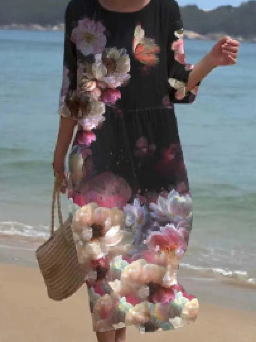 Blumenkleid Damen | Fließendes Midi mit Rosenprint & 3/4-Ärmeln