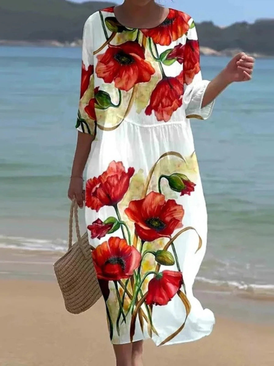 Blumenkleid Damen | Fließendes Midi mit Rosenprint & 3/4-Ärmeln