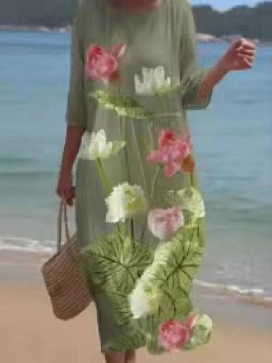 Blumenkleid Damen | Fließendes Midi mit Rosenprint & 3/4-Ärmeln