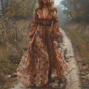 V Ausschnitt Kleid Damen | Blumenstickerei & Romantischer Boho-Maxi-Stil