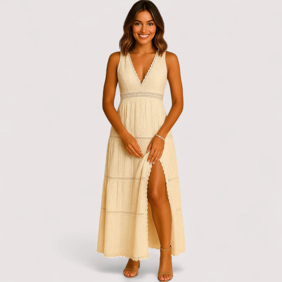 Boho Kleid Damen | Tiefer V-Ausschnitt & Spitzeneinsätze