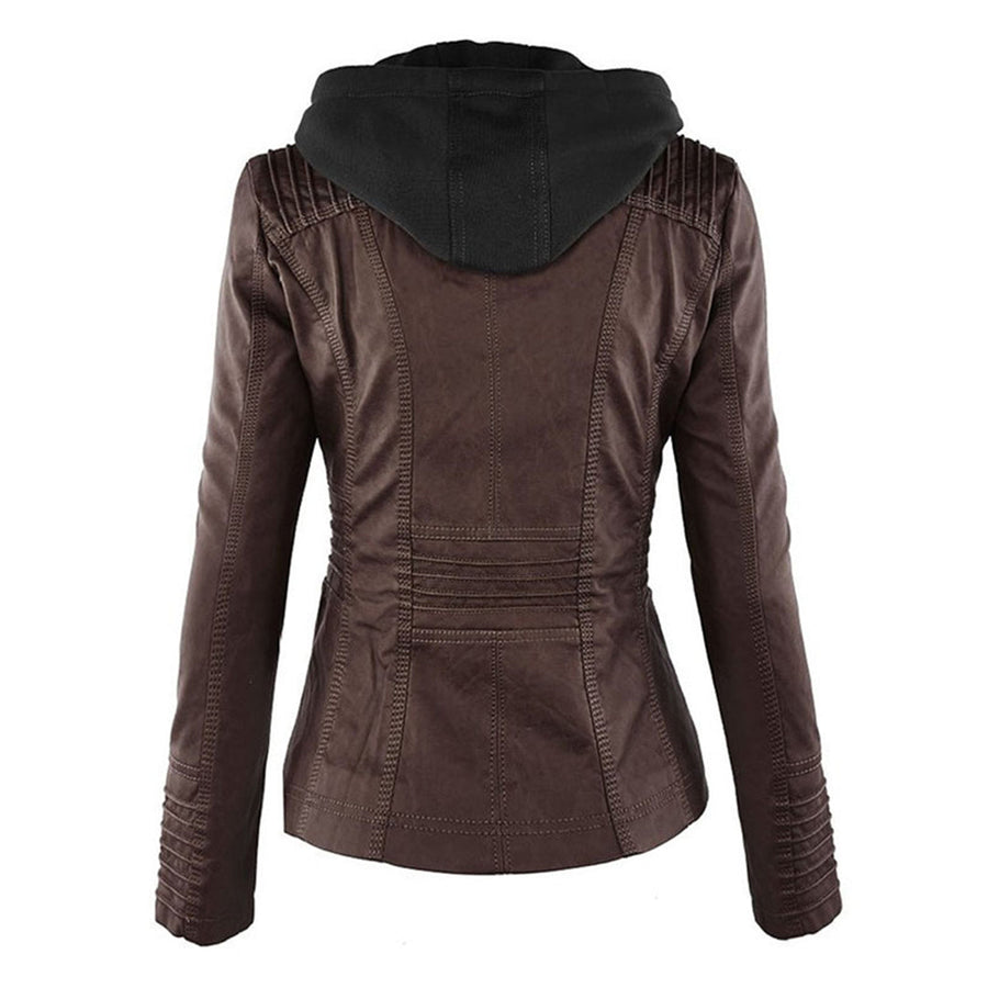 Damen Lederjacke mit Kapuze – Stylische Bikerjacke in Braun mit Reißverschluss und Details