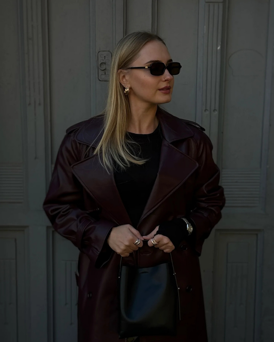 Cassy Kunstleder Maxi Trenchcoat