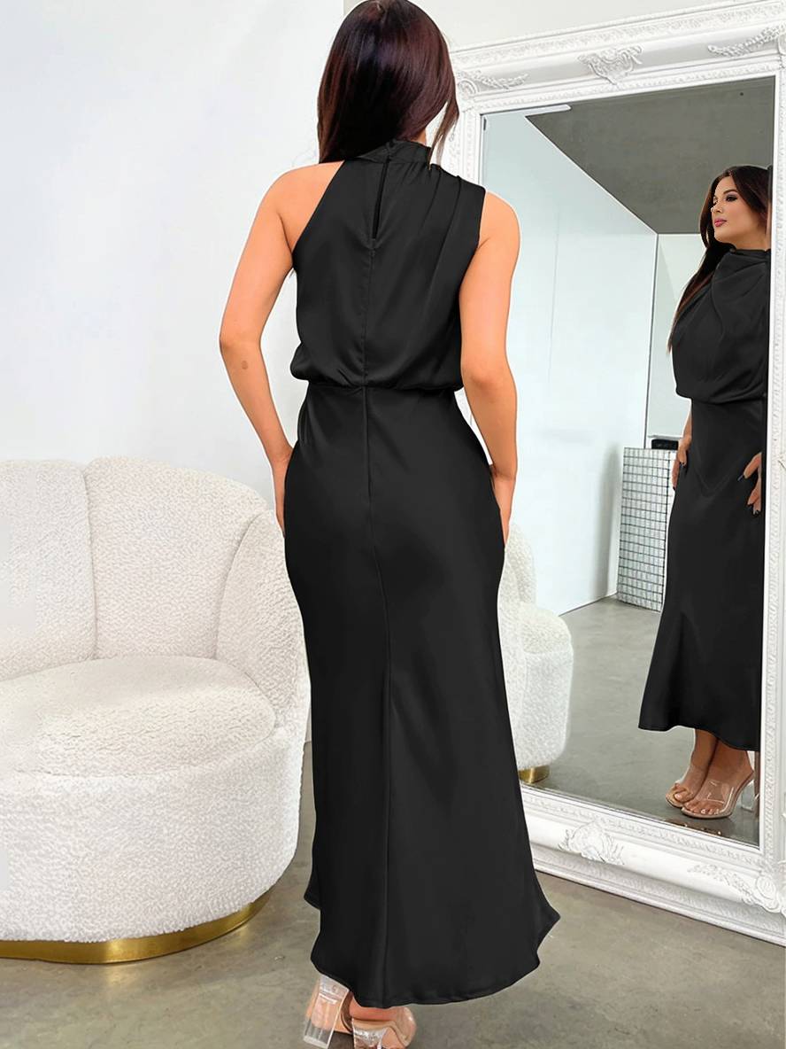 Heidi-Mode | Lange Satin Brautjungfernkleid Unregelmäßiger Rollkragen Halsband Ärmless Elegant Abendkleid für Hochzeit