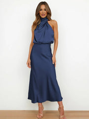 Heidi-Mode | Lange Satin Brautjungfernkleid Unregelmäßiger Rollkragen Halsband Ärmless Elegant Abendkleid für Hochzeit