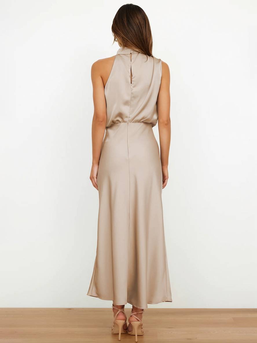 Heidi-Mode | Lange Satin Brautjungfernkleid Unregelmäßiger Rollkragen Halsband Ärmless Elegant Abendkleid für Hochzeit