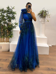 Heidi-Mode | Langes Kleid Blumendruck Tüll Seiten Schlitz Ein Schulter Langarm Damen Elegante Abendveranstaltung Abschlussball
