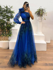 Heidi-Mode | Langes Kleid Blumendruck Tüll Seiten Schlitz Ein Schulter Langarm Damen Elegante Abendveranstaltung Abschlussball